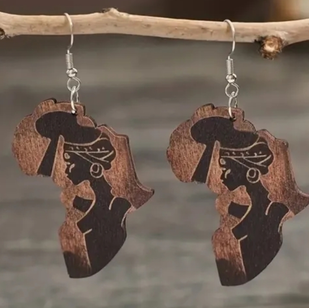NWT! African Wood Dangle Retro Ethnic Style Black Beauty Pattern Earrings NEW